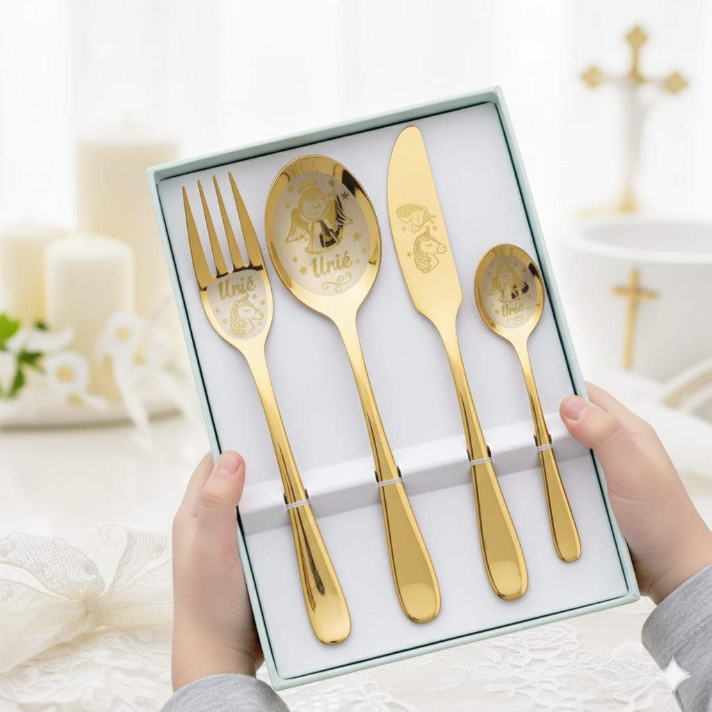 Close-up of a fully personalized 4-piece kids cutlery set in a vibrant color, showing deep laser engraving of a child's name, date, and a custom image on the handles.