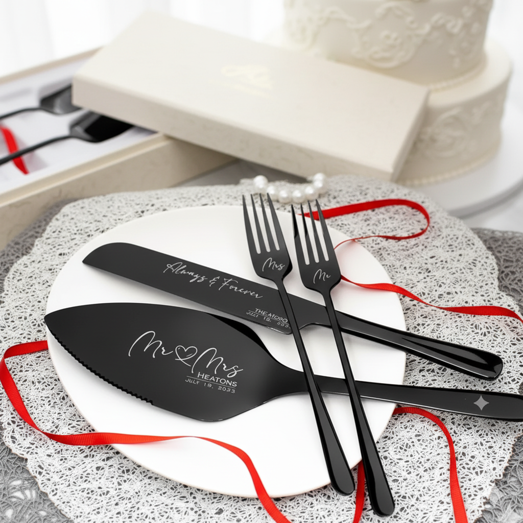 Personalized black wedding cake knife and server set, with two matching forks, engraved with "Mr & Mrs", a custom date, and "Always & Forever", displayed on a white plate with red ribbon and a wedding cake in the background.