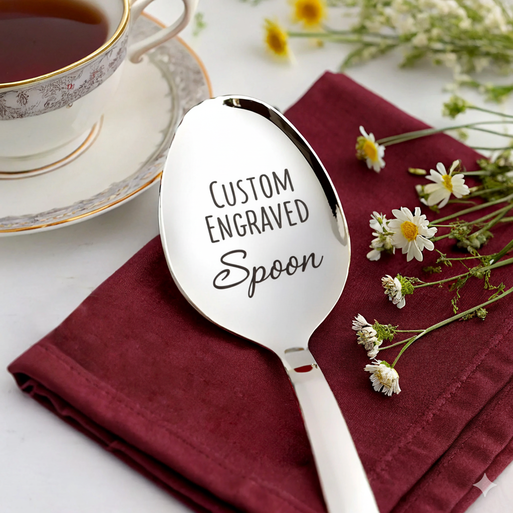 Custom engraved stainless steel spoon on a burgundy napkin, with a tea cup and chamomile flowers in the background.