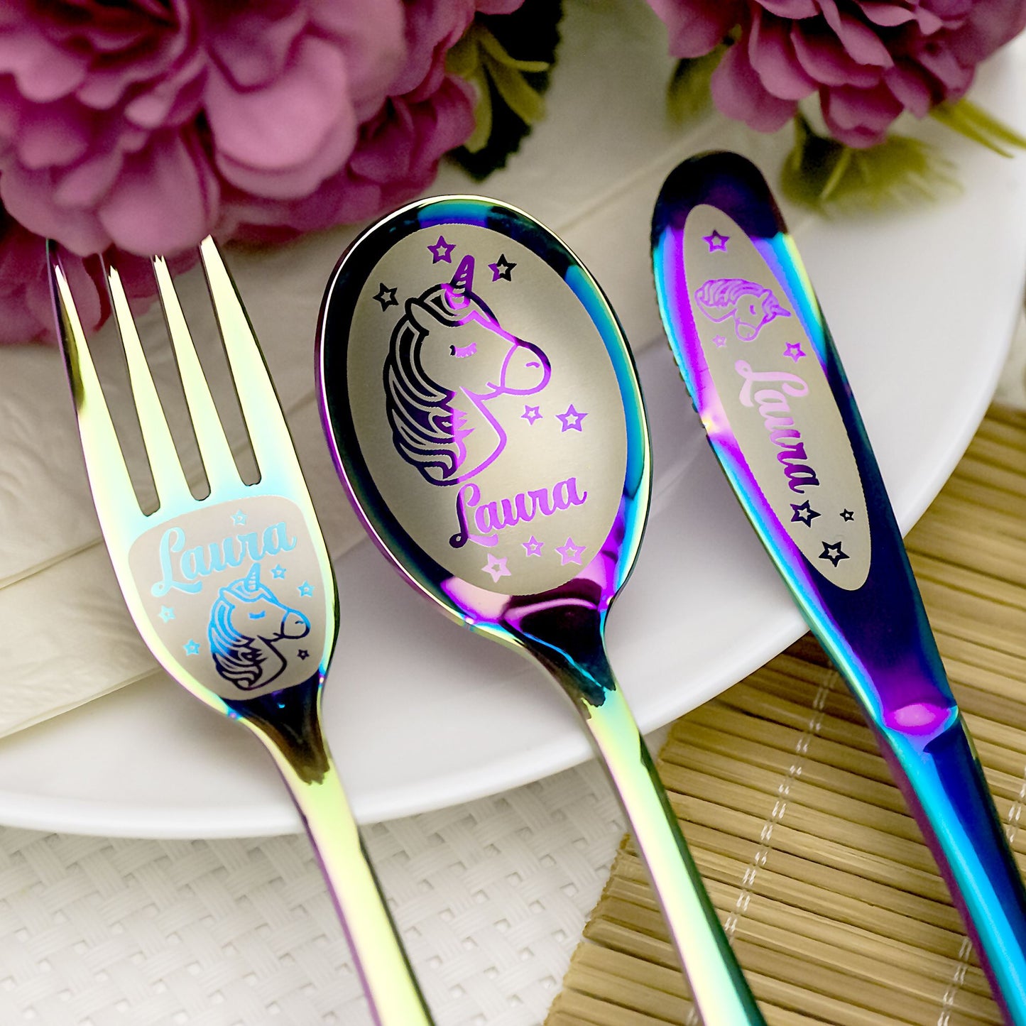 Personalized kids cutlery with engraved name- Unicorn Gifts