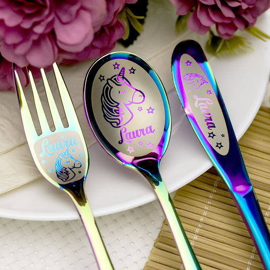 Unicorn Gifts – Personalized Kids Cutlery Set with Engraved Name, Rainbow Utensils for Toddlers, First Birthday or Grandchild Gift